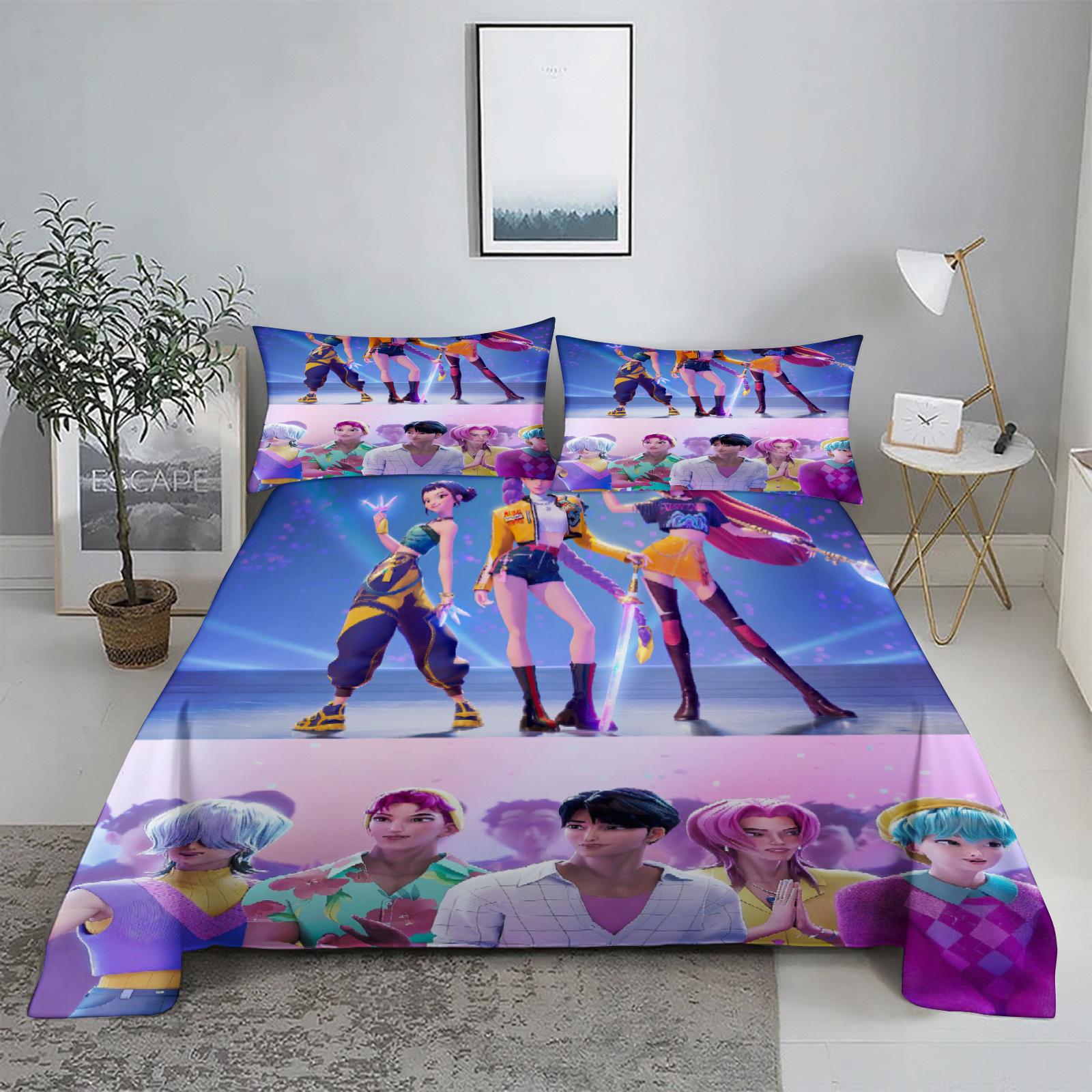 

ZOEY RUMI ZIRA D-Demon Hunters K-pop Bed Sheet Set 3D Printed Bed Flat Sheet With Pillowcase Bed Linen King Queen Size 110X230cm(2Pcs)