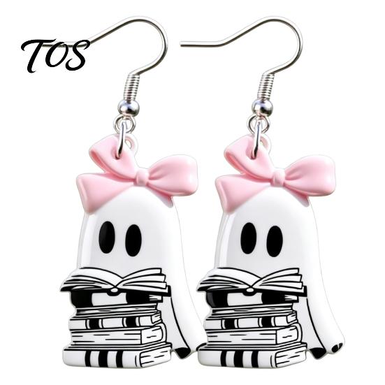 Fun Festival Jewelry Cute Reading Ghost Earrings, Sweet Bowknot Drop Unique Halloween Gifts Lightweight Acrylic for Women Girls Dangle Earrings