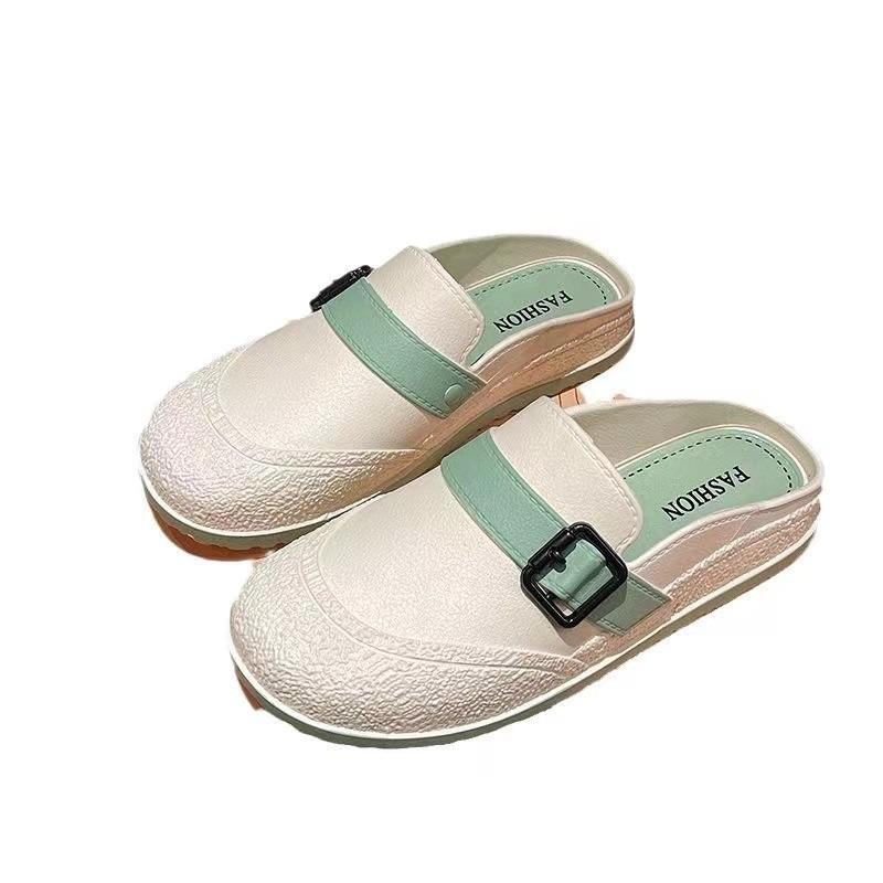 New autumn half-drag girls fashion casual flat-bottomed outer wear one pedal women's bag head sandals buckle half slippers women