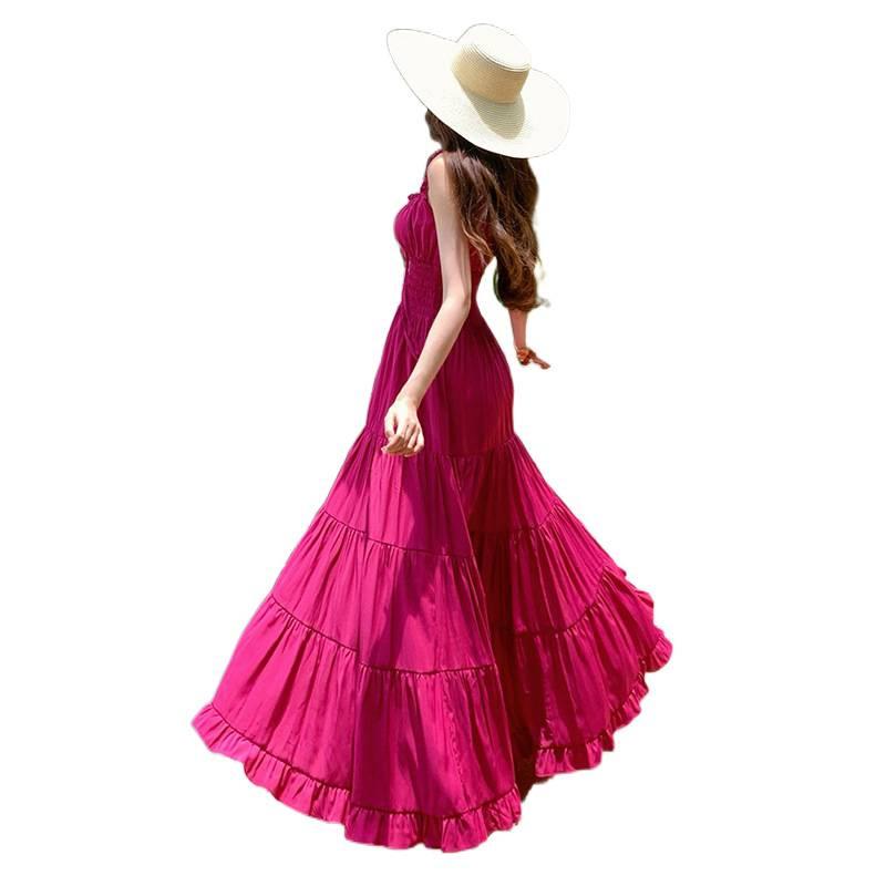 High-end Design Romantic Seaside Wear Pinch Waist Suspender Dress Women's Summer Sanya Travel Dress
