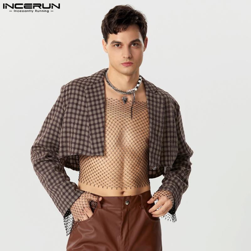 

INCERUN Мужские короткие пальто в клетку с длинными рукавами и открытым передом