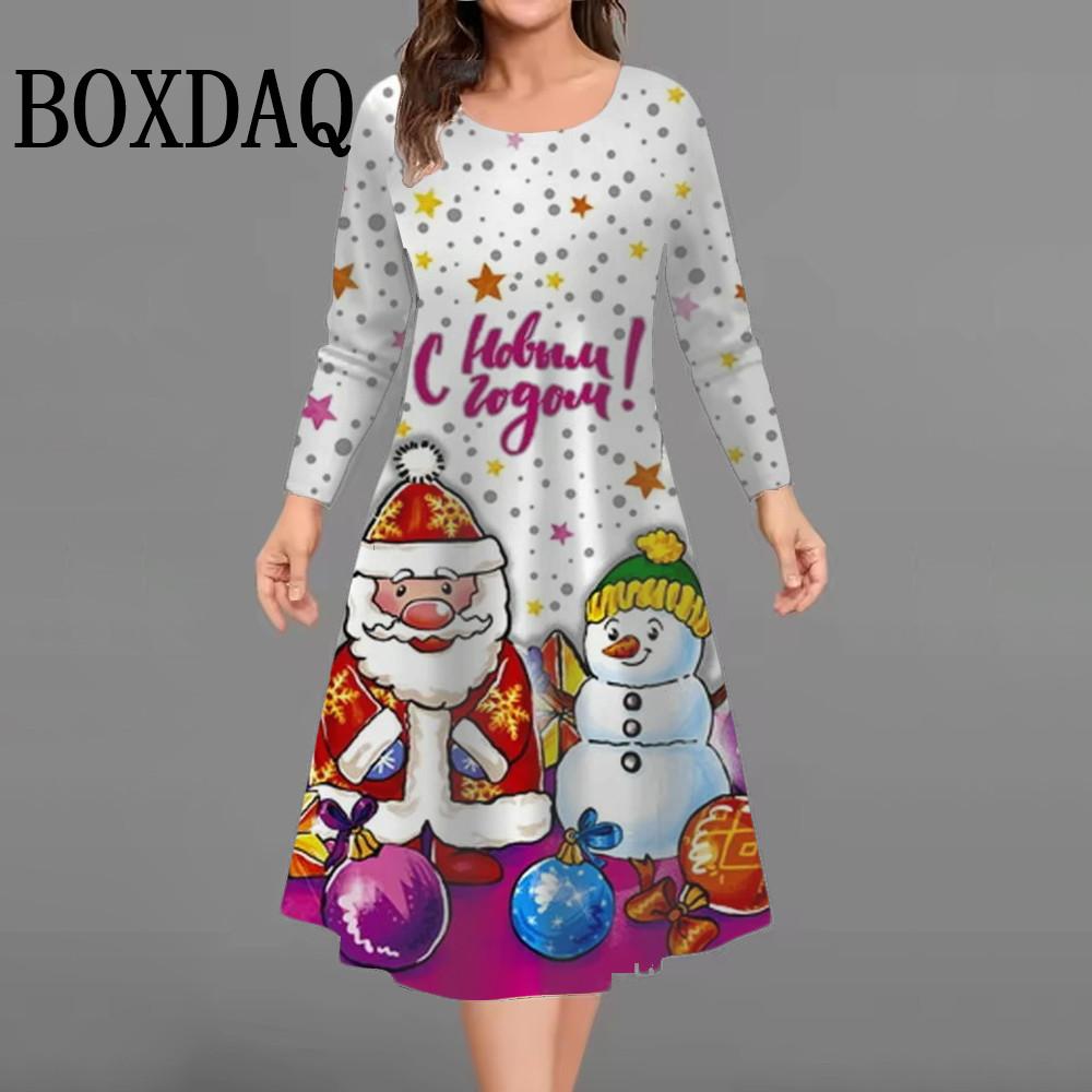 Plus Size Women Dress Christmas Tree Long Sleeve O-Neck Snowman 3D Printed Casual Loose Dress Vestidos Woman Winter Clothes