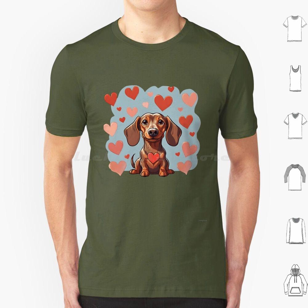 Cute Valentine Daschound Dog T Shirt Cotton Men Women DIY Print Dog Breeds Cute Dog Dog With Hearts Valentine Dog Animals