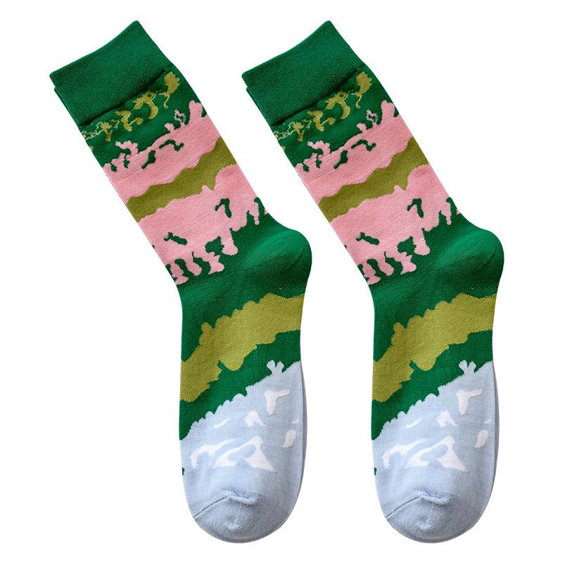 Ladies Spring and Autumn Landscape Abstract Art Green Stripe Color Contrast Tube Socks