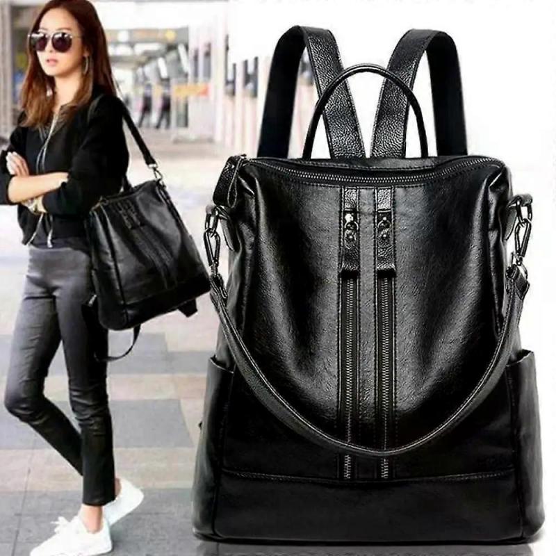 Women's Leather School Backpack, Multifunctional Large Capacity School Bag, Men's Travel Bag, Black