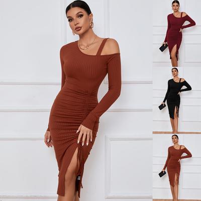 Ladies Elegant Long Sleeve Off Shoulder Spit Strip Solid Color Sexy Casual Split Package Hip Dress