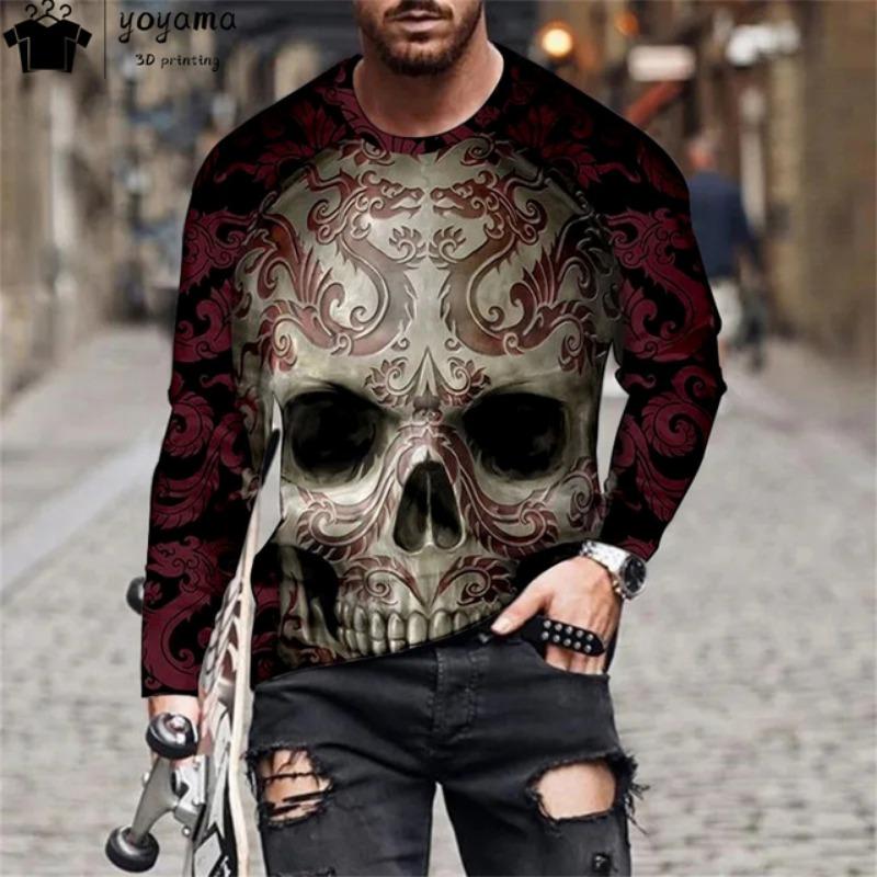 

Мужская одежда с принтом черепа, модная мужская футболка с длинным рукавом, мужские винтажные футболки с принтом черепа, повседневные свободные мужские рубашки, топы 2XL