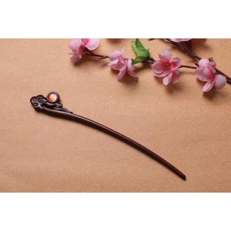 Red Sandalwood Women's Retro Hanfu Hairpins: Hollow Carved Moon Rabbit Wooden Ornaments