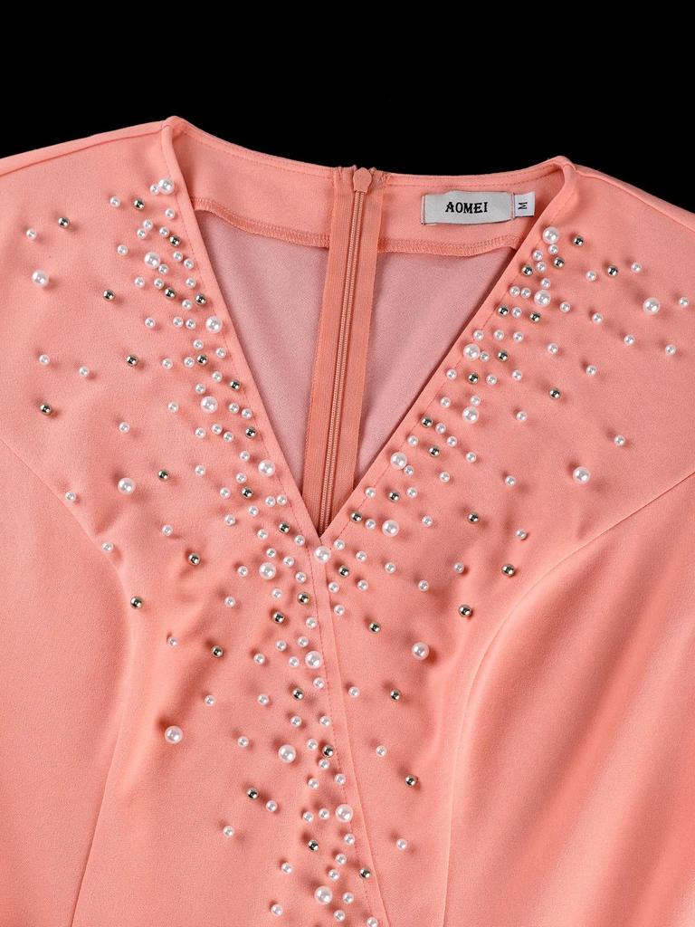 Elegant Plus Size Pink Rhinestone Dress with Ruffle Sleeves and Waist-Cinched Skirt for Formal Events