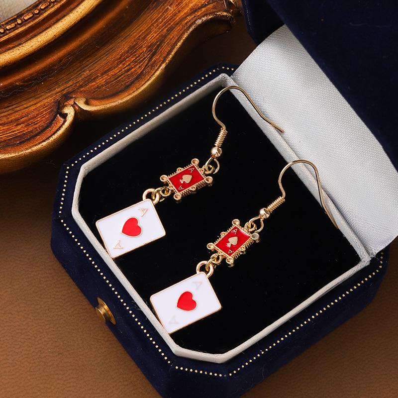 High-End Alloy Playing Card Pendant Earrings - Women's Heart & Spade Design