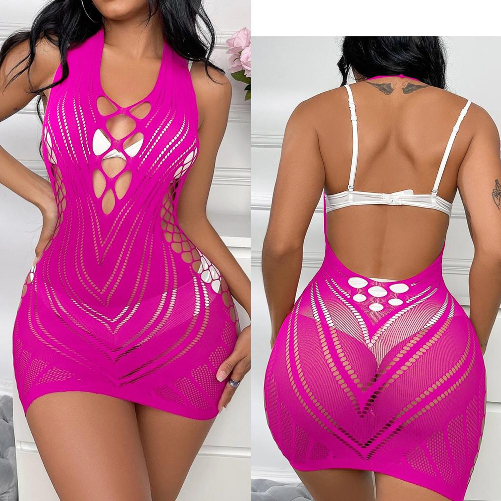 Ladies High Elastic Bodycon Dress Night Club Wear Women Sexy Mesh Transparent Short Dress Erotic See Through Hollow Beachwear