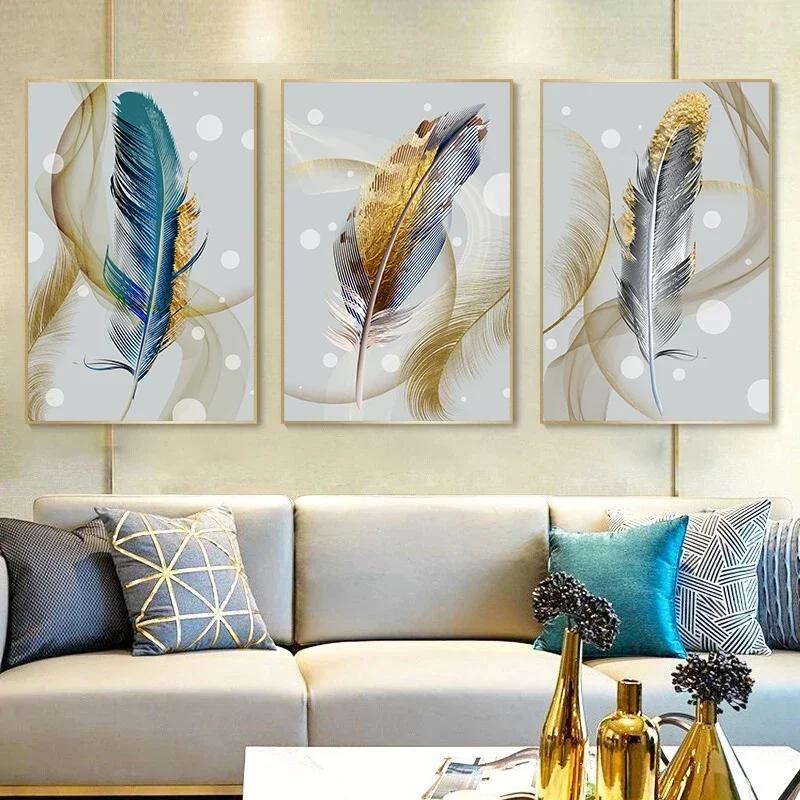 Gold Ribbon Feather Canvas Painting Wall Art Picture Abstract Luxury Poster and Print for Home Decor Interior Living Room Design