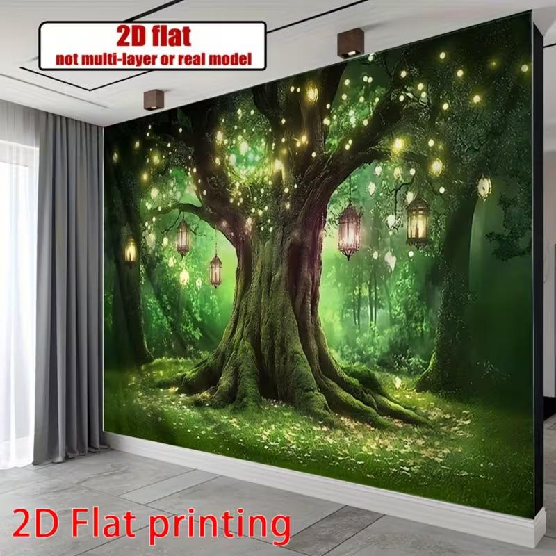 2D Verzauberter Waldbaum Kulisse Magische Laterne Glühwürmchen Hintergrund