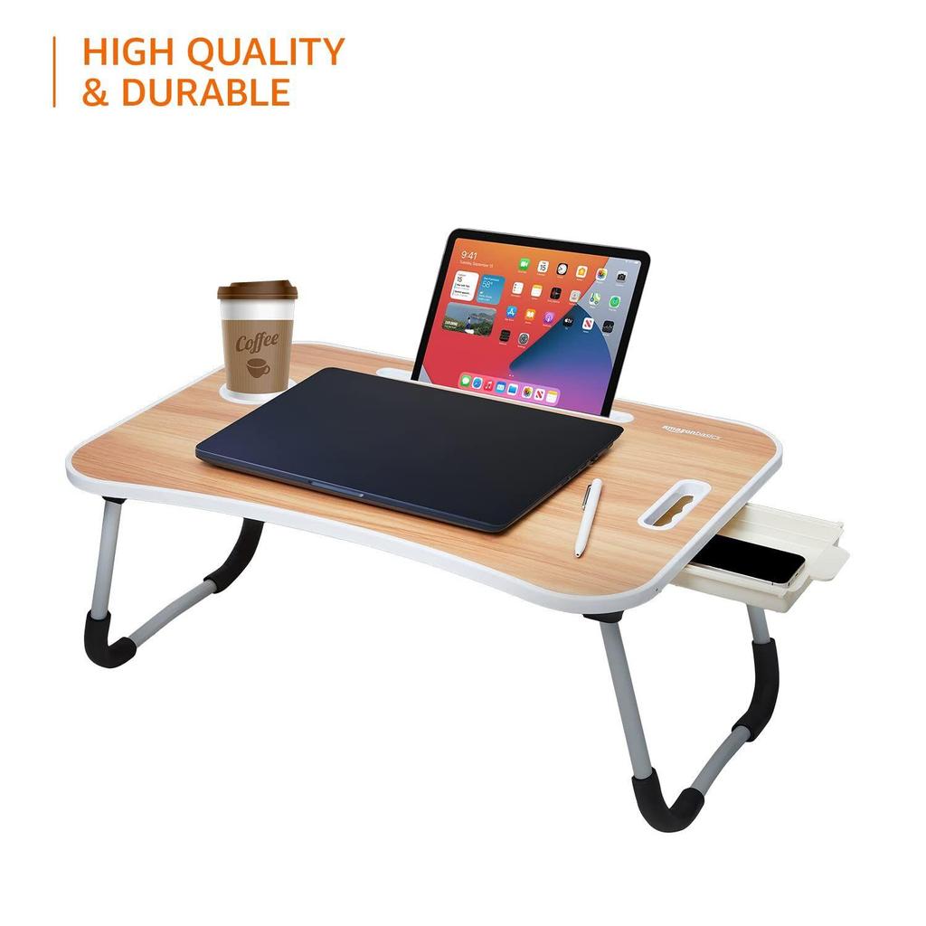 Klappbarer Laptop-Tisch aus Holzwerkstoff mit Getränkehalter, Tabletfach und Mini-Schublade (60L x 40B x 26H cm, Braun)