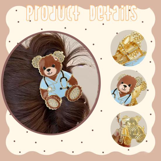 Hair Claw, Medium Size Metal Gripper with Anti-Slip Teeth, Medical Bear Design Shark Hair Clip for Medium-Long Hair Buns Half-Tied Hairstyles