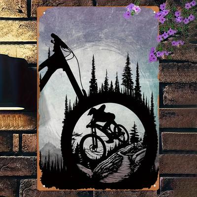 Placa Decorativa de Parede de Ferro para Bicicleta Enduro Vintage    Silhueta de Ciclista de Mountain Bike com Fundo de Floresta Pôster de Metal Rústico para Casa O