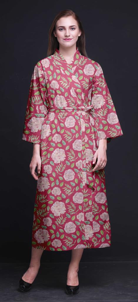 Bimba Light Purple Floral Leaves & Tazetta Daffodils Long Robes For Women Printed Bride Getting Ready Bridesmaid Robes Cotton Bathrobes