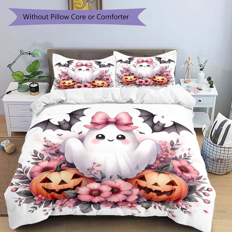 3pcs Pretty Ghost Pumpkin Flower Halloween Design Bedding Set - Includes Quilt Cover and Pillowcases, Suitable for All Seasons, Machine Washable