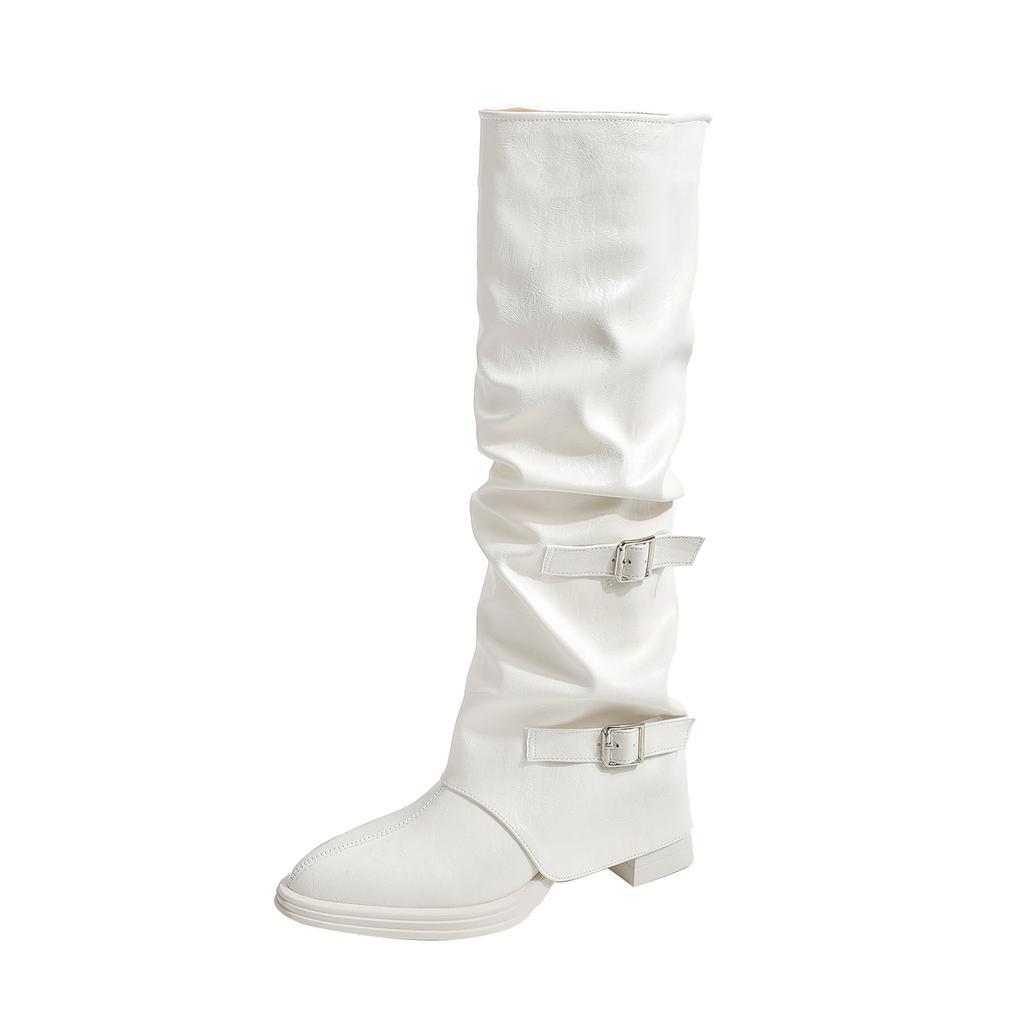 White Pile Boots European and American Spice Girls Belt Buckle Pants Long Boots Women's Tall Knight Boots Pointed High Heel Long Boots