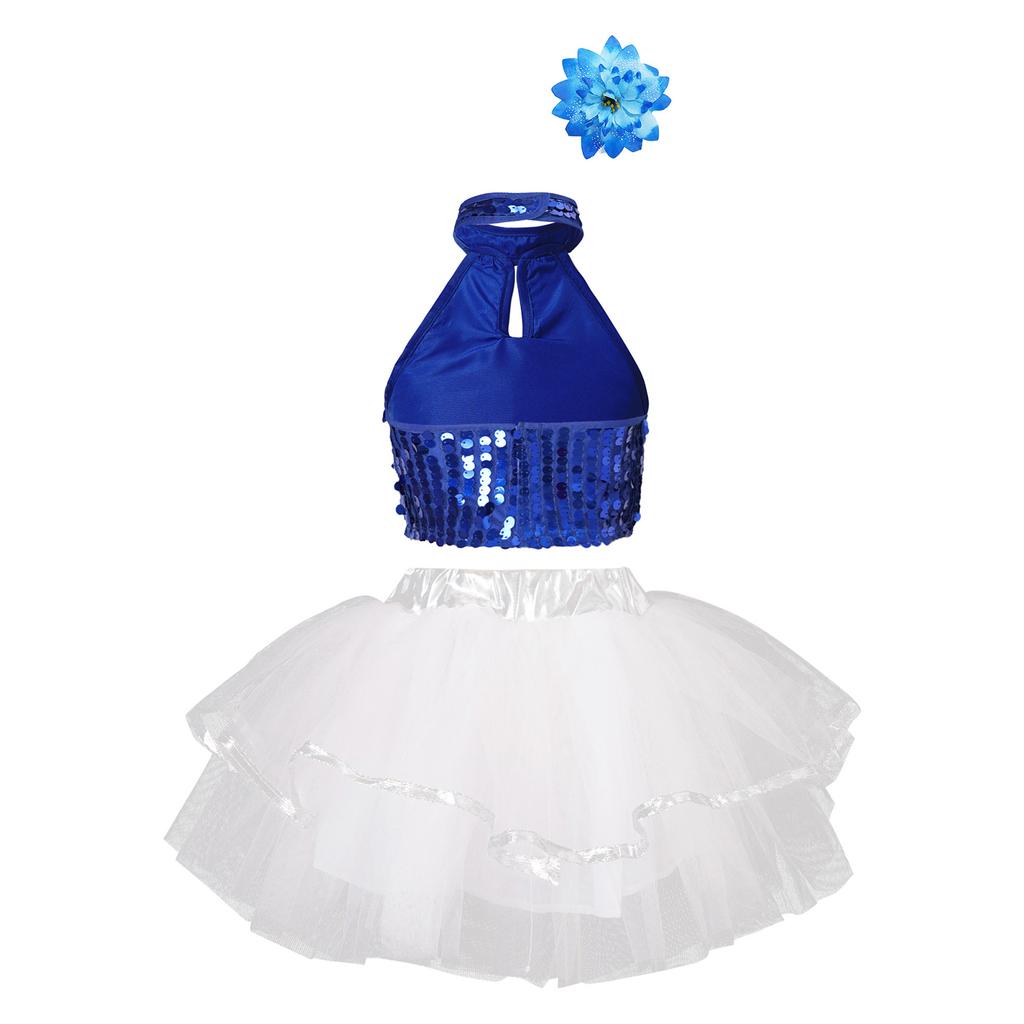Girls Sequin Crop Top Halter Neck Tutu Skirt 3D Flower Clip Dance Costume Set Training Outfit