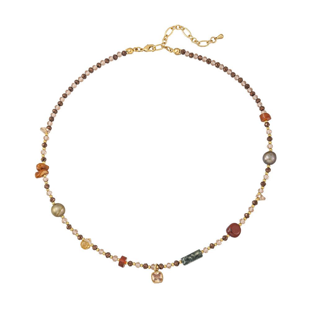 New literary and artistic relaxation color square stone beaded necklace, retro and old brown agate collarbone chain is white