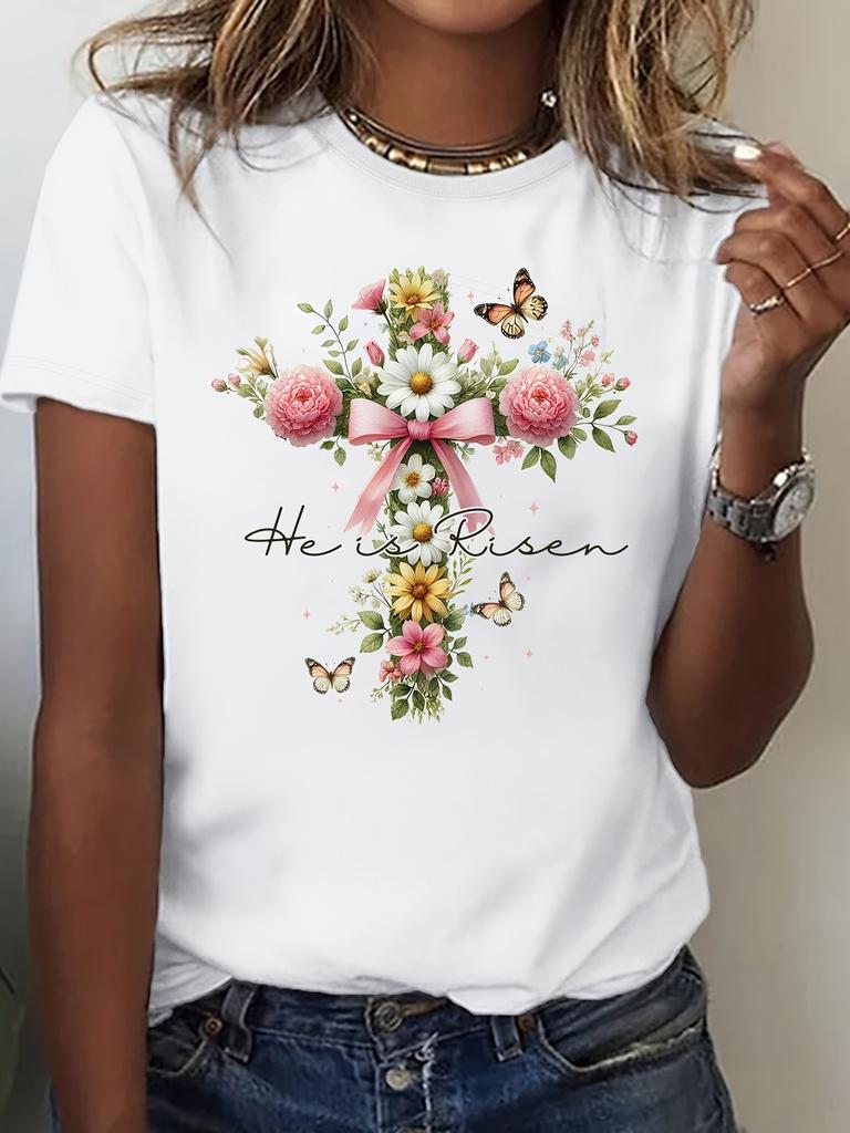 He Is Risen Floral Easter T-Shirt for Women - Soft Casual Fit Short Sleeve Round Neck Spring & Summer Wear Machine Washable