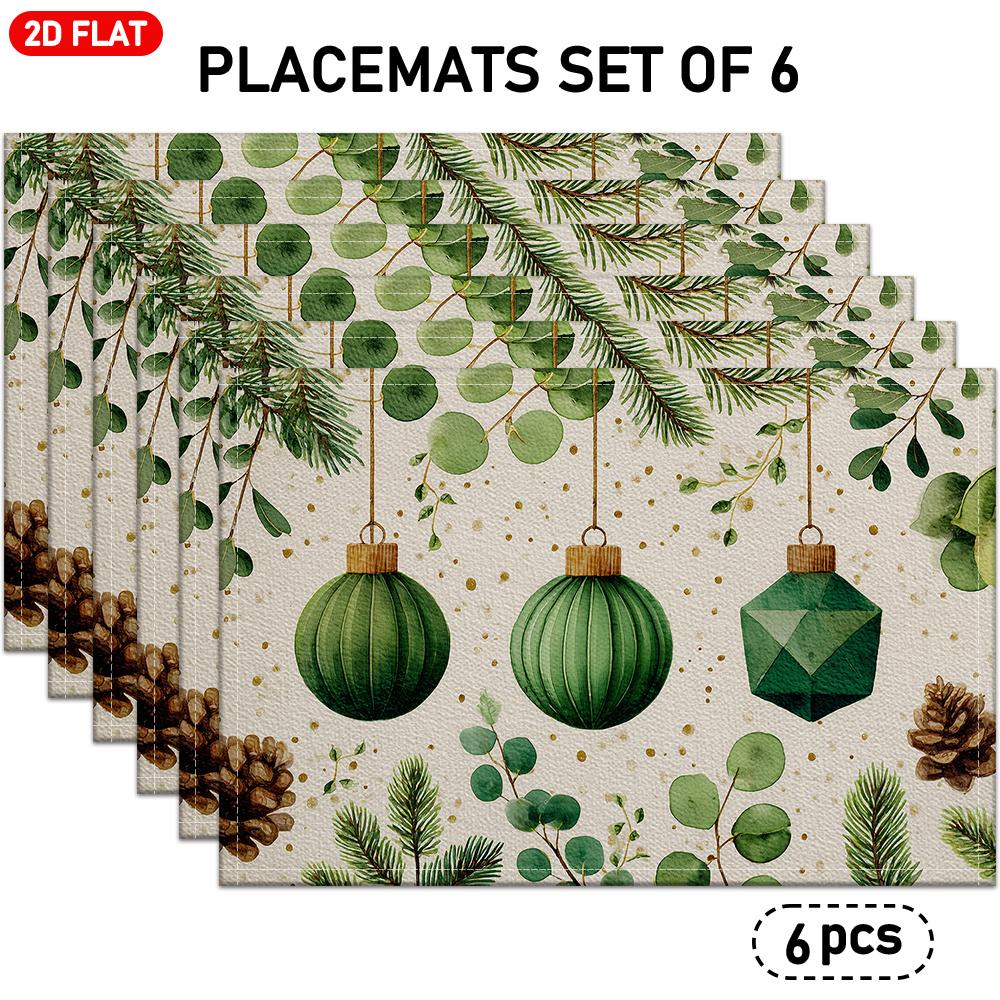 Of 4/6 Christmas-Themed Placemats Featuring Designs of Green Christmas Balls, Pine Branches, Pine Cones, And Eucalyptus Leaves, Suitable for Holiday T