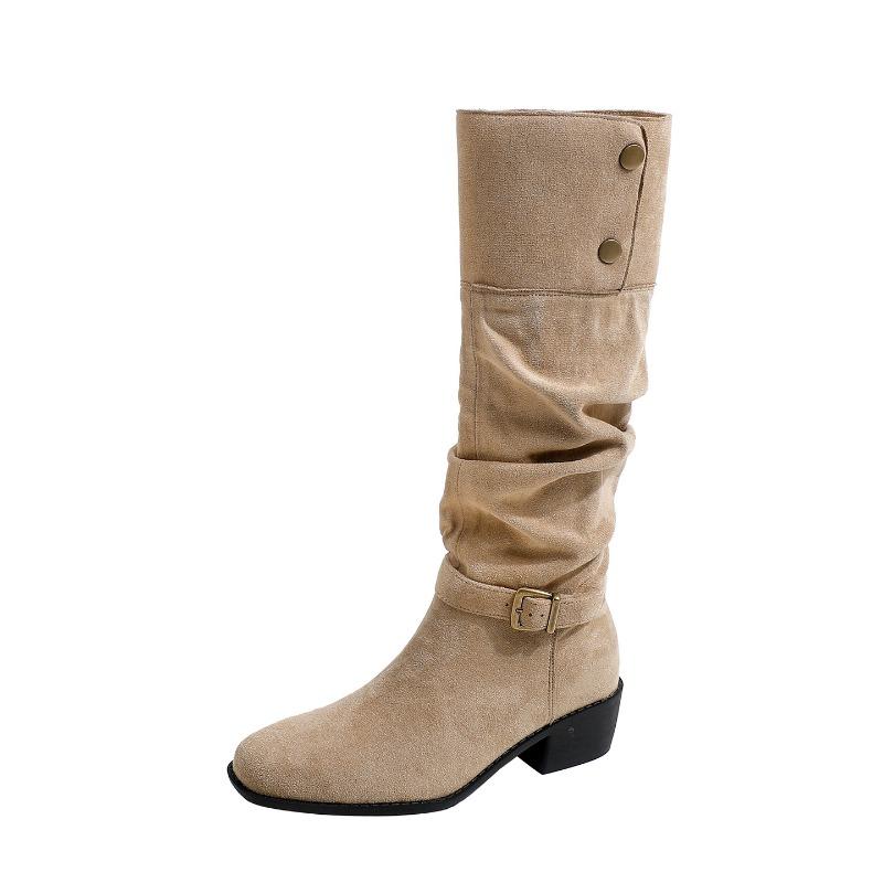 

[New products in autumn and winter] Round head square heel belt buckle knight boots retro versatile and thin stacked boots are not tiring 39 хаки