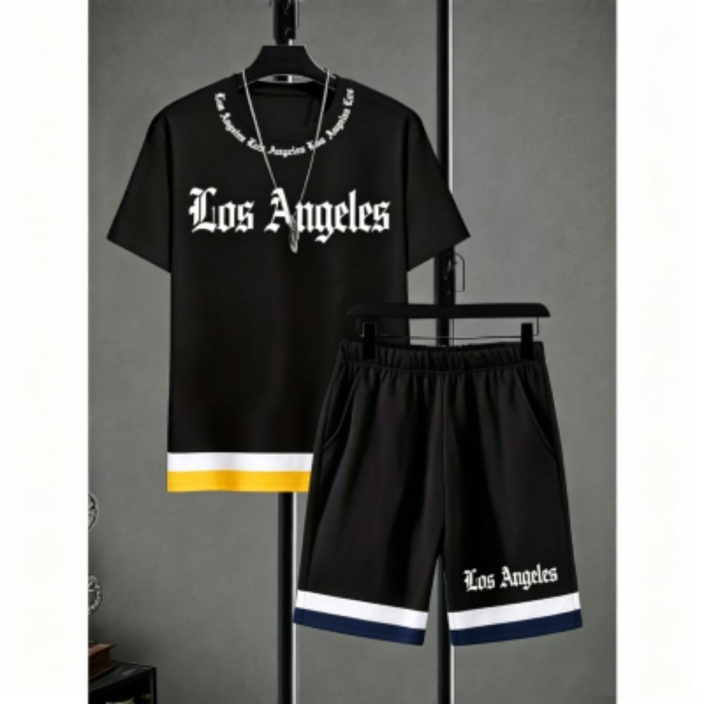 Fashion Men's Set Striped Grid Printed Men's T-shirt and Shorts 2 Piece Set Summer Casual Outdoor Men's and Women's T-shirt Sets