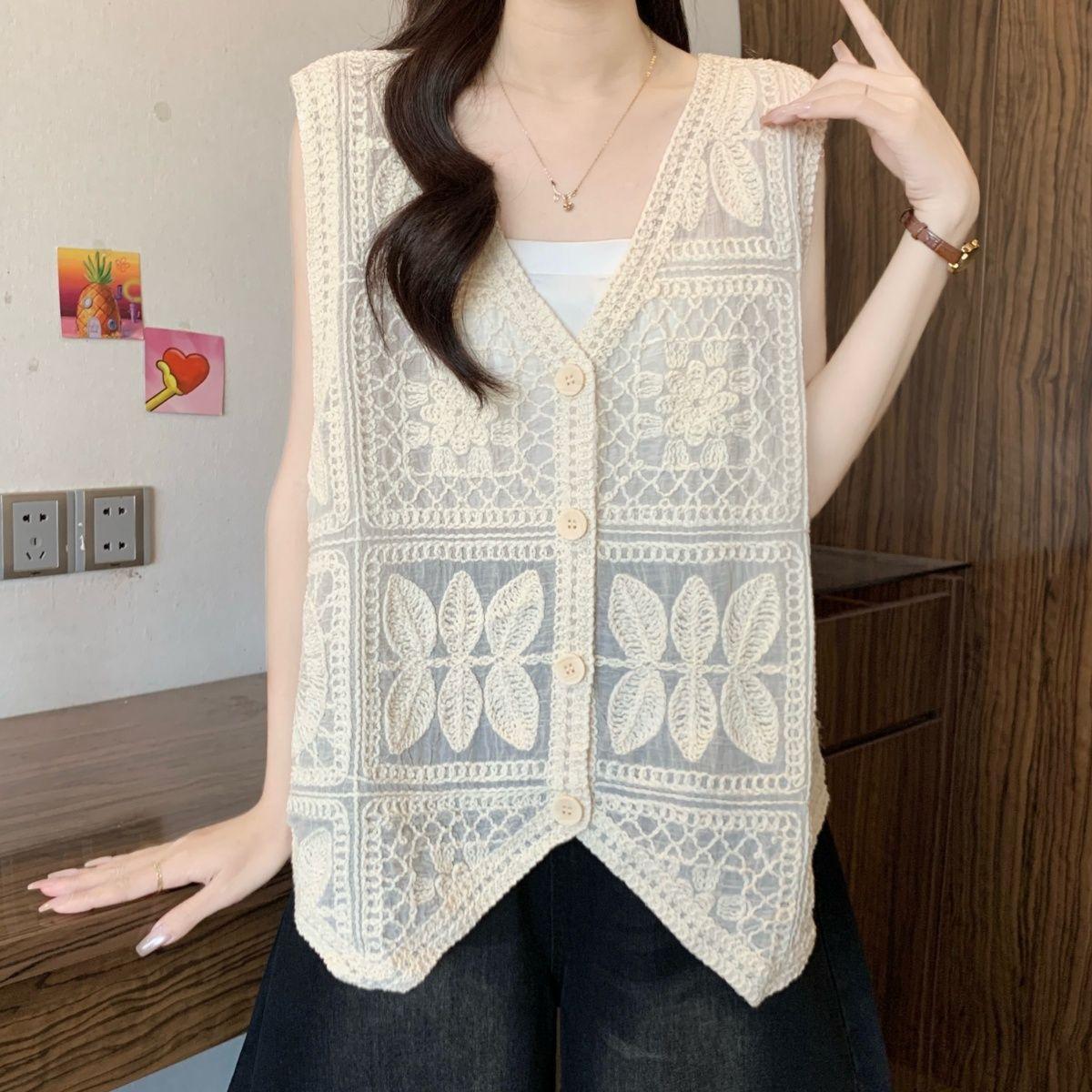 Bohemian Women s Cotton Crochet V-Neck Vest Spring and Summer Lace Hollow-Out Cardigan Vest Top one size