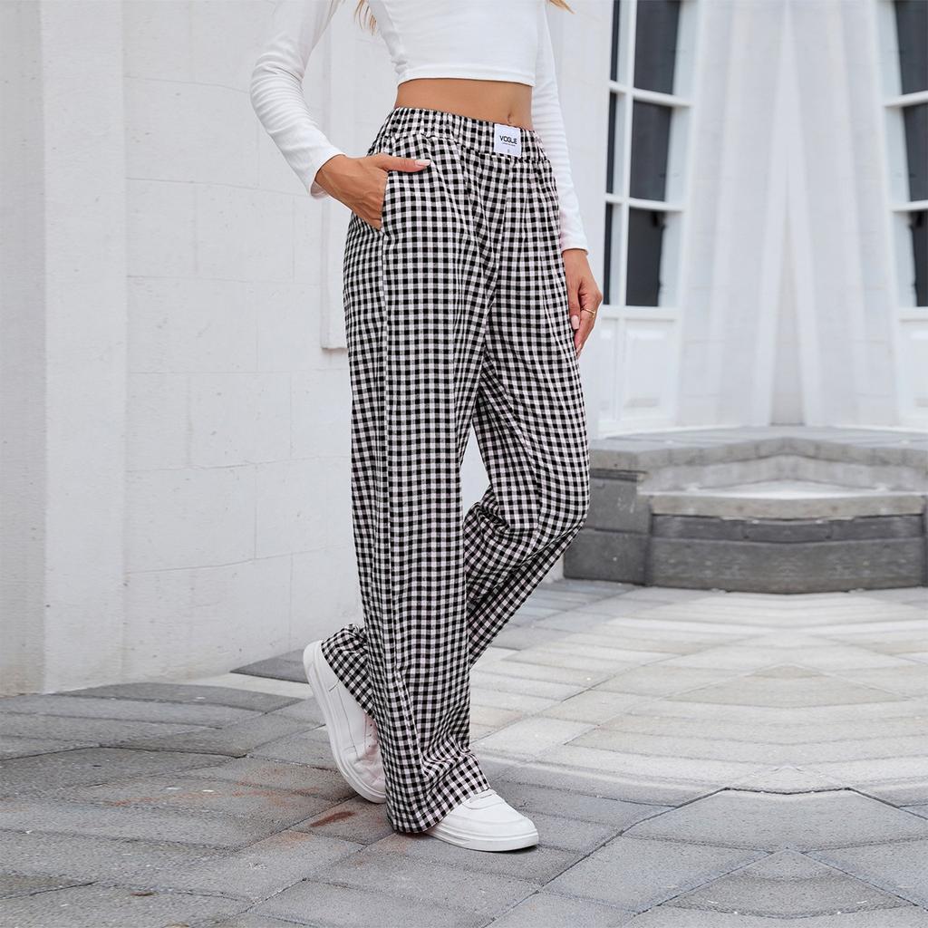 Women's Fashionable Checkered Elastic Waistband Loose Pocket Casual Pants