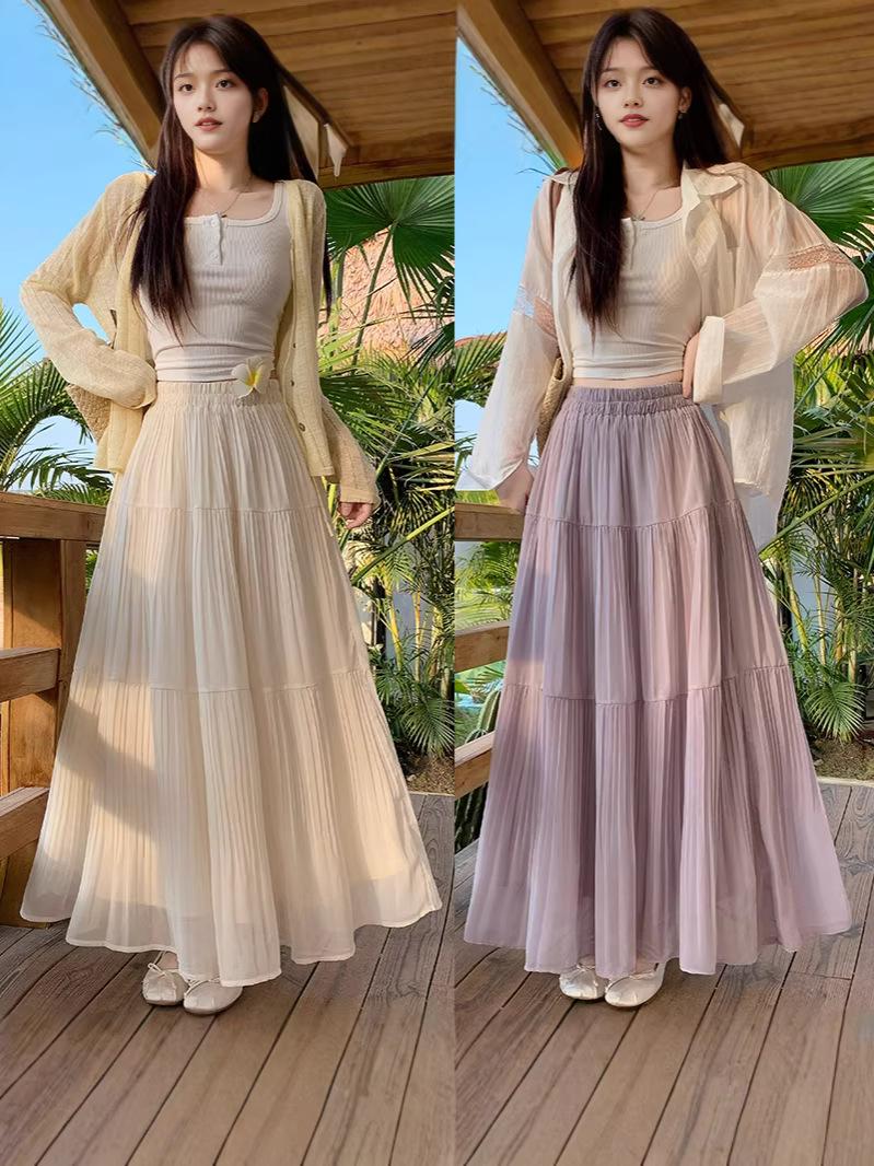 2026 Spring/Summer Plus Size Chiffon Fairy Long Skirt - Casual Women s Style 3XL абрикосовый