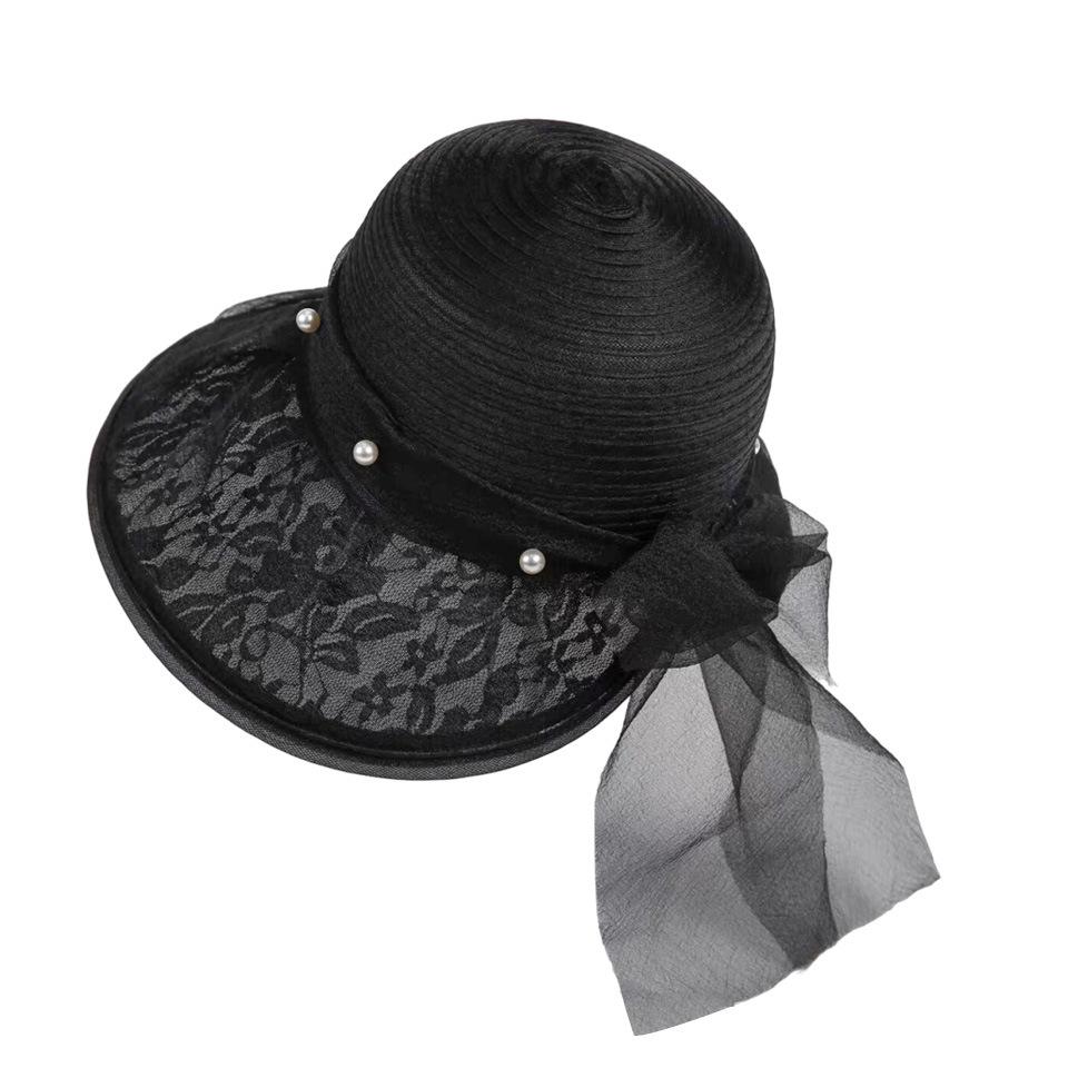 Spring and summer new lace mesh top hat women's sunscreen sun hat pearl bow decorative holiday mesh hat