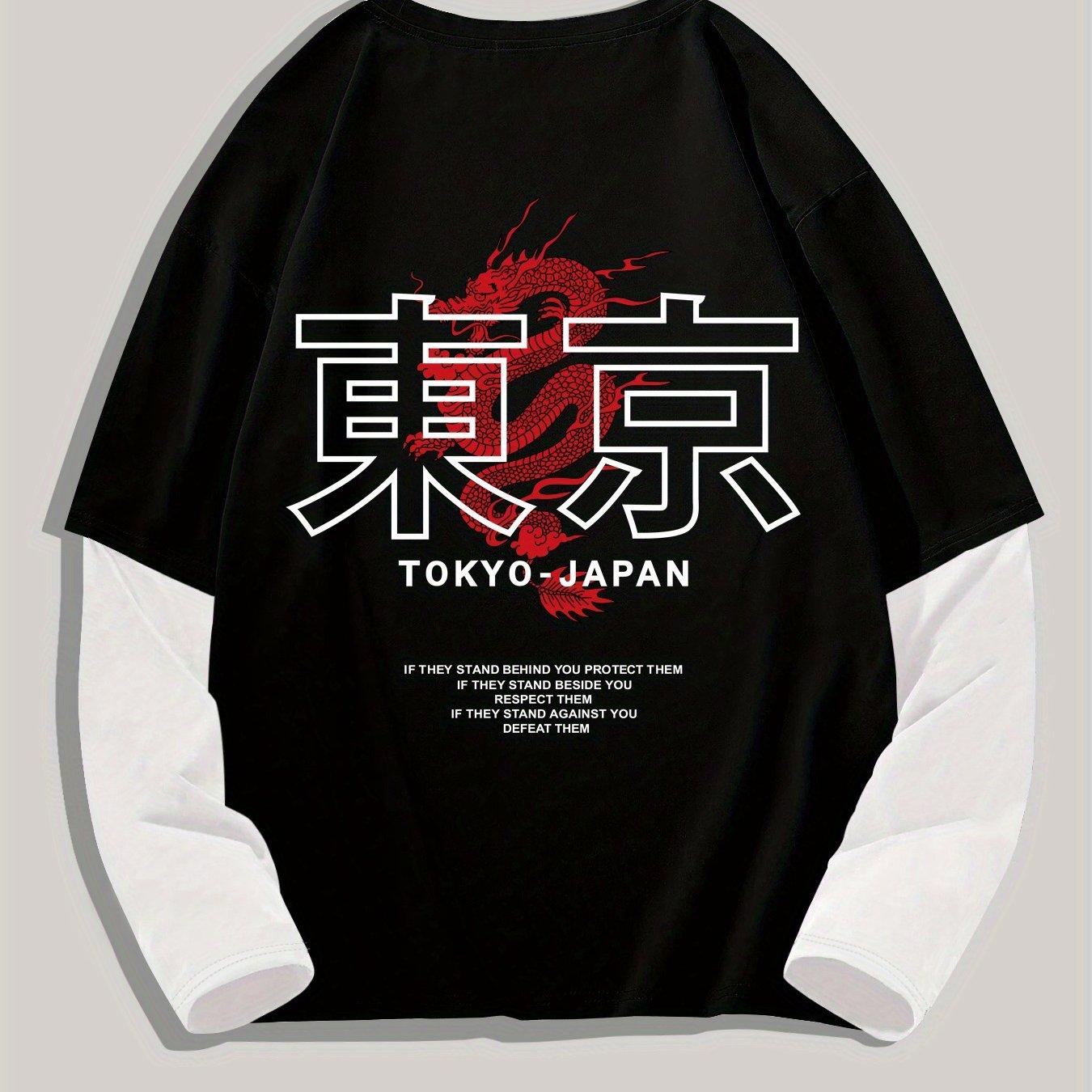 

Мужская футболка TOKYO с элементами дракона, Color Block, с длинным рукавом - Дракон и чешуя, Повседневная, прилегающего кроя, с круглым вырезом, Весна/Осень, Уличная одежда L чёрный