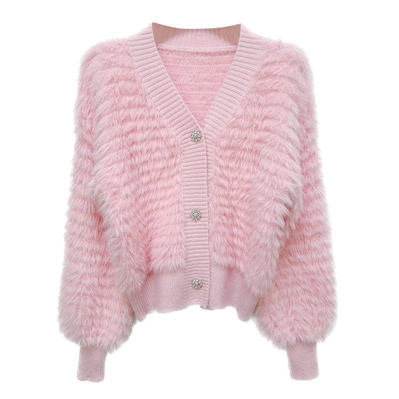 Dámský pletený kardigan s výstřihem do V z imitace norka pro podzim a zimu