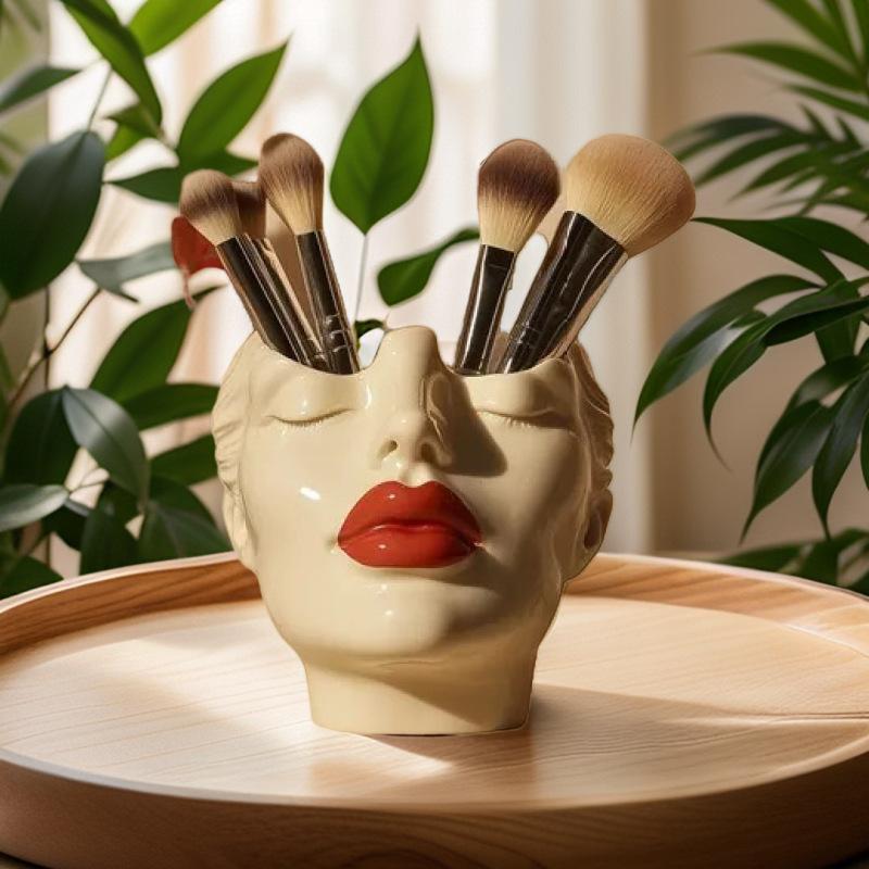 Porta-lápices de Diseño de Contorno Femenino Hecho a Mano Artístico Forma Femenina Florero de Cabeza Porta Brochas de Maquillaje Decoración de Florero de Rostro Elegante