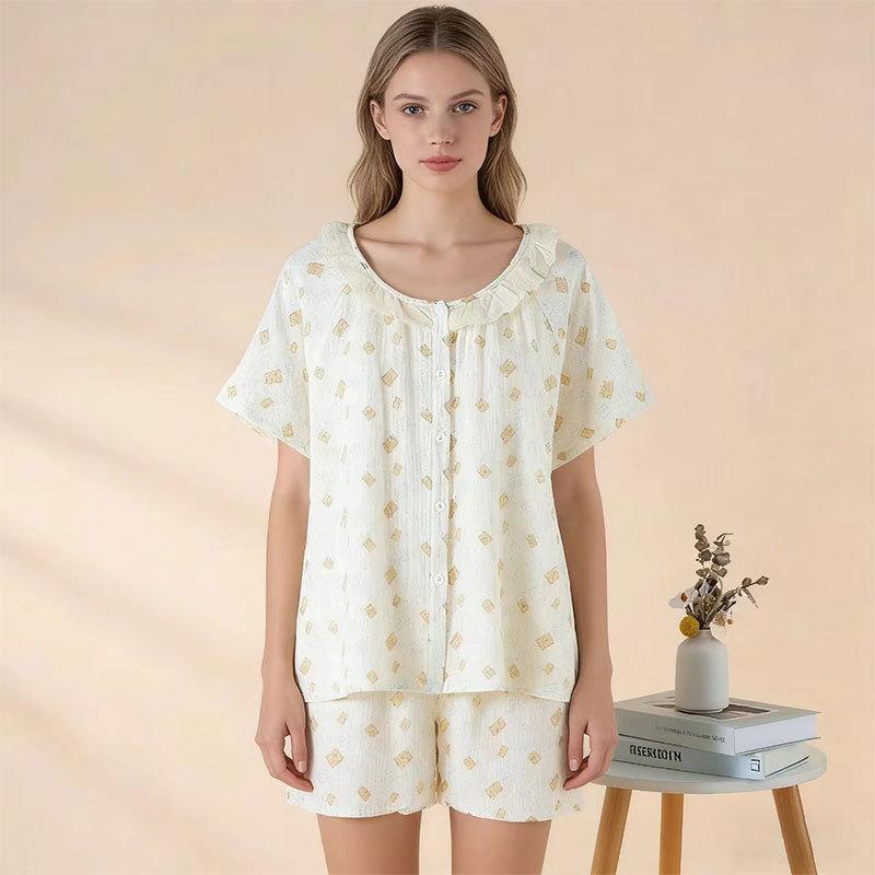 Women's pajamas summer new crepe double-layer cotton yarn lace collar short-sleeved shorts loungewear sweet and cute suit