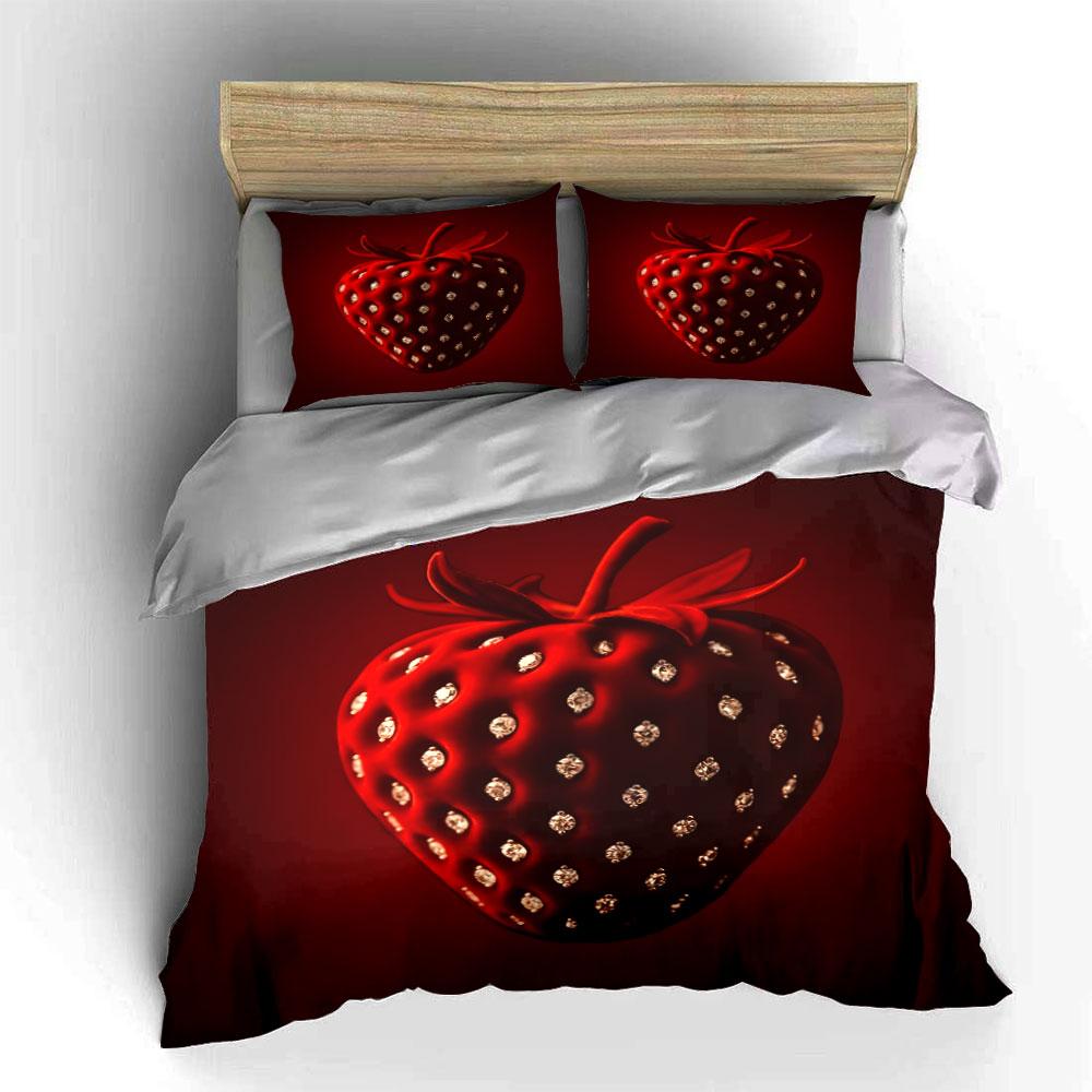 Ruby Strawberry with Diamond Details Bedding Set for Kids Luxury Gift 3pcs Digital Print Comforter Set Soft Comfortable