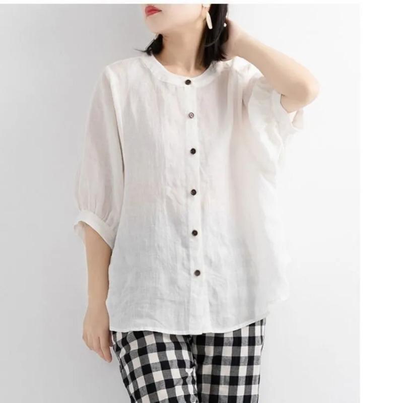 Womens Teal Linen Blouse Casual Round Neck Lantern Sleeve Button Up Solid Color Top