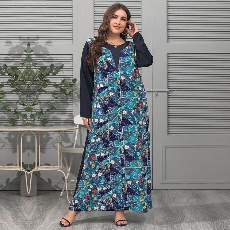 Plus Size Elegant Women's Loose Long Sleeve Dress Spring Summer O Neck Print Splicing XL-4XL