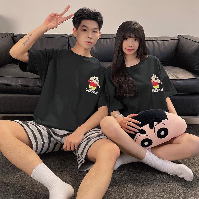 Cute Cartoon Cotton Pajama Set for Couples - Short-Sleeved & Lightweight