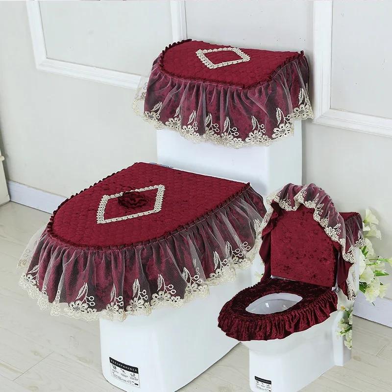 3PCS Velvet Skirt Style Toilet Mat Embroidered Lace Decorated Toilet Seat Mat Printed Dust Cover of Toilet Closestool