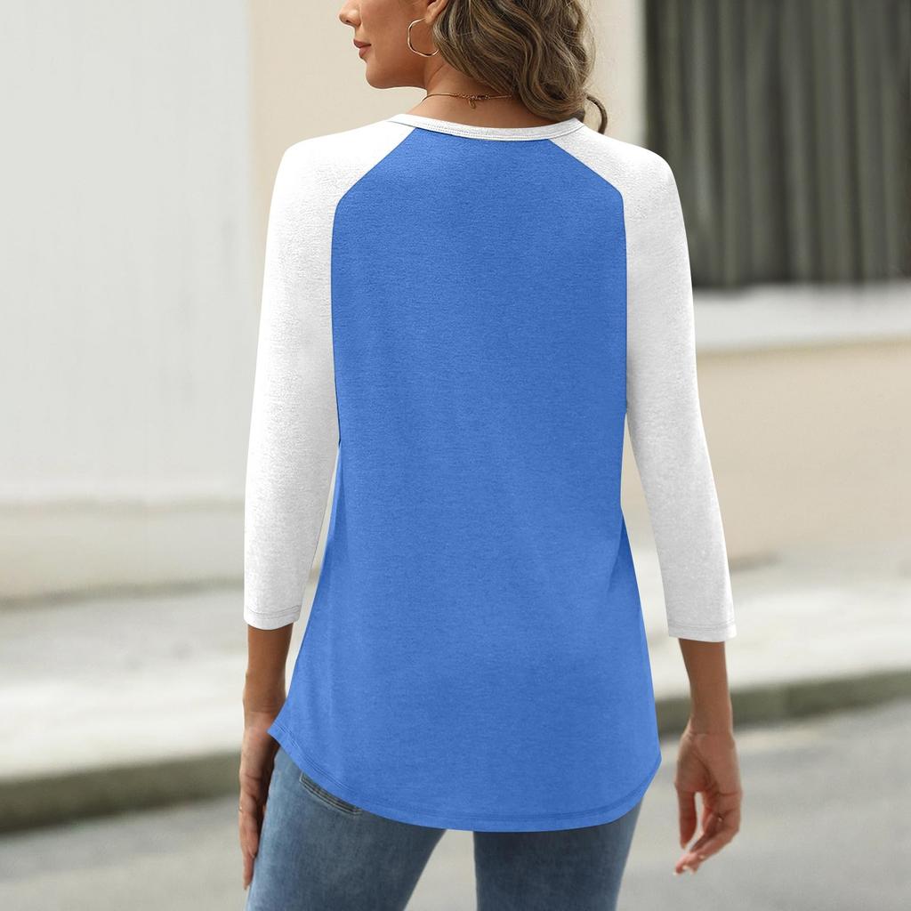 Kadın Tişört Baskılı Düğme 3/4 Kol Günlük Hafta Sonu Modası Temel V Yaka Normal Üst