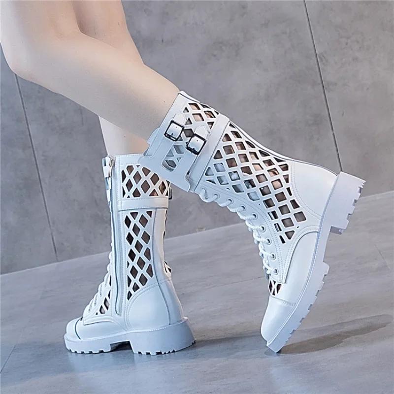 Fashion Summer Hollow Black Mesh Cool Boots female New Mid Heel Large Cool Boots European American Sandals Women platform heels