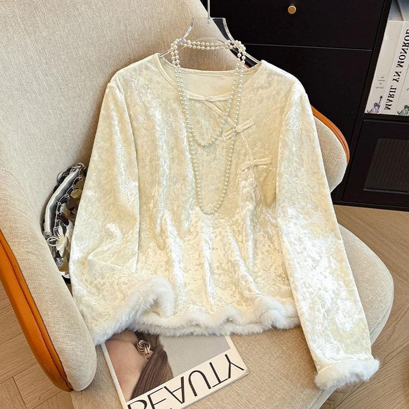 

Women s Chinese Style Velvet Base Layer Shirt with Diagonal Lapel and Frog Button Details - Long Sleeve Trendy Top 3XL (for 135-150 lbs)