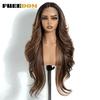 FREEDOM Synthetic Lace Front Wigs For Women 28 Inches Long Layered Wavy T Part Ombre Brown Blonde Wig With Bangs Cosplay Wigs