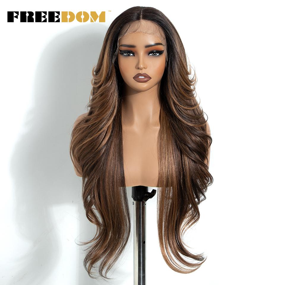 FREEDOM Synthetic Lace Front Wigs For Women 28 Inches Long Layered Wavy T Part Ombre Brown Blonde Wig With Bangs Cosplay Wigs