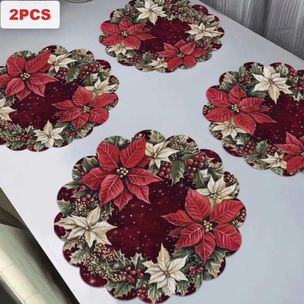 2PCS Anti-Slip Christmas Round Placemat Heat Resistant Christmas Dining Mat  Christmas Decor