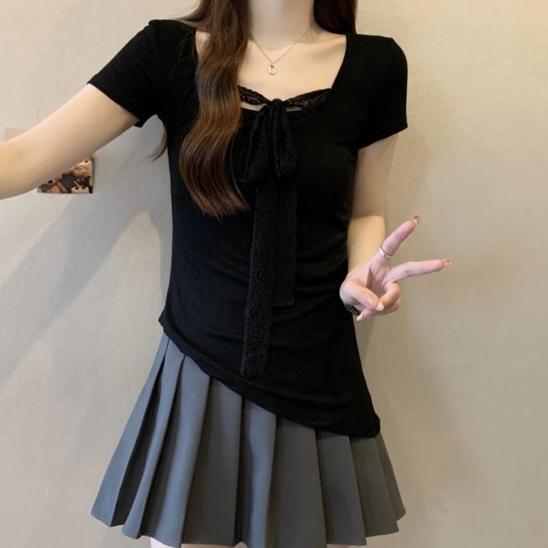 Summer Short Sleeve Women's Solid O-Neck irregular Pullovers korean Lace ribbon t-Shirts y2k Tops Female Slim pure cotton Tees