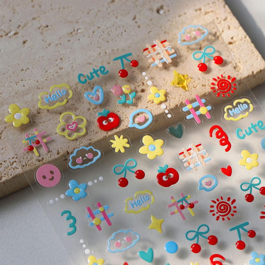 Bestselling Dopamine Graffiti Floral & Strawberry Nail Art Stickers - Cute Embossed Designs No specification